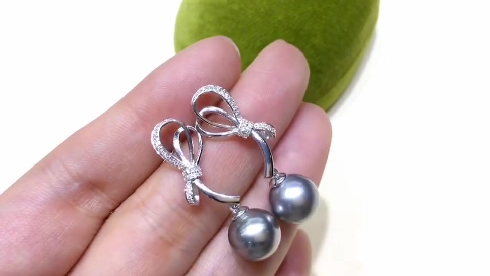 11-12 mm Tahitian Pearl Earrings, 18k White Gold w/ Diamond - AAAA